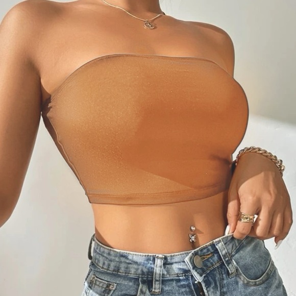 Beige Nude Peach Bandeau Crop Top - Picture 1 of 3
